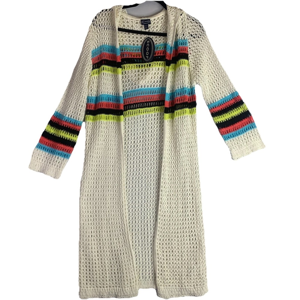 Scoop Crochet Knit Duster Cardigan Hooded Sweater Small Open Striped Boho NWT XS